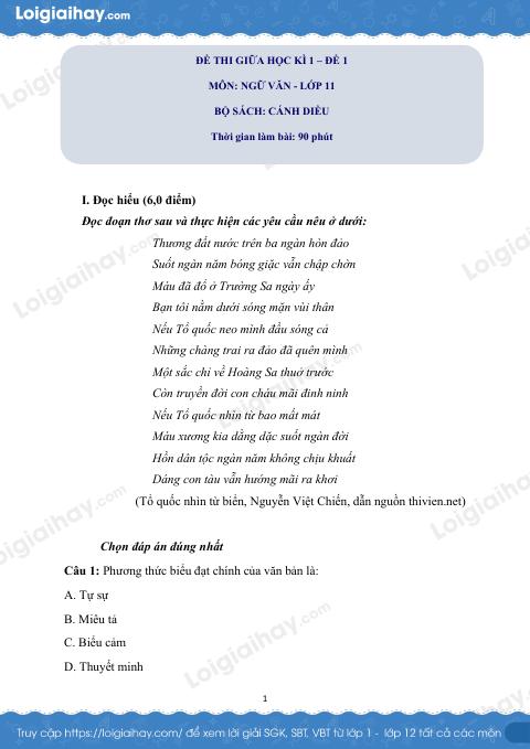 Đề thi giữa kì 1 Văn 11 Cánh diều - Đề số 1